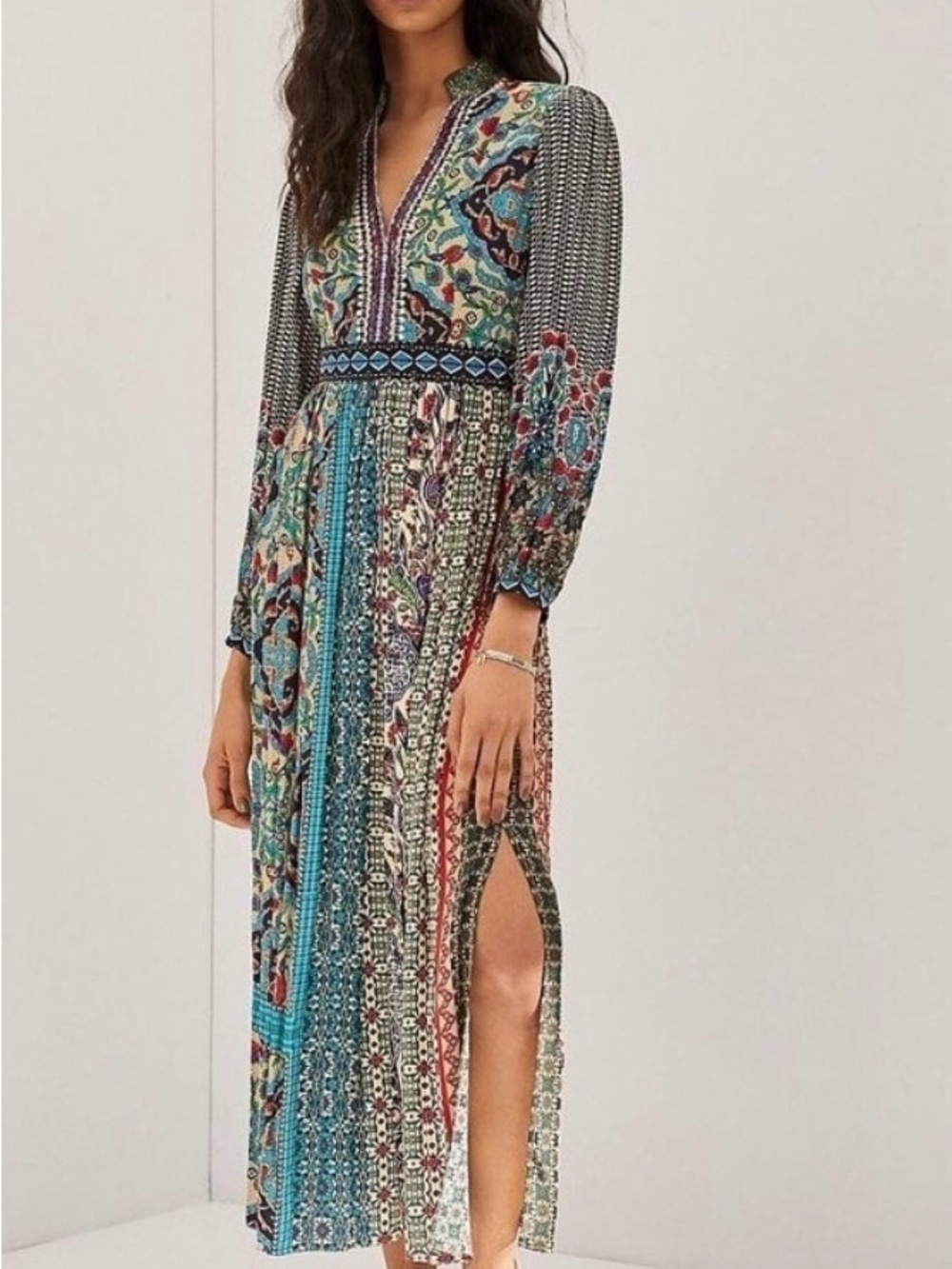 Anthropologie Bhanuni by Jyoti Boho Maxi Dress with Teal and Coral Accents